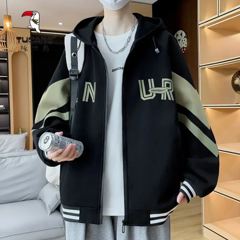 啄木鸟学院风外套男款学生春秋季宽松连帽夹克帅气印花休闲百搭男