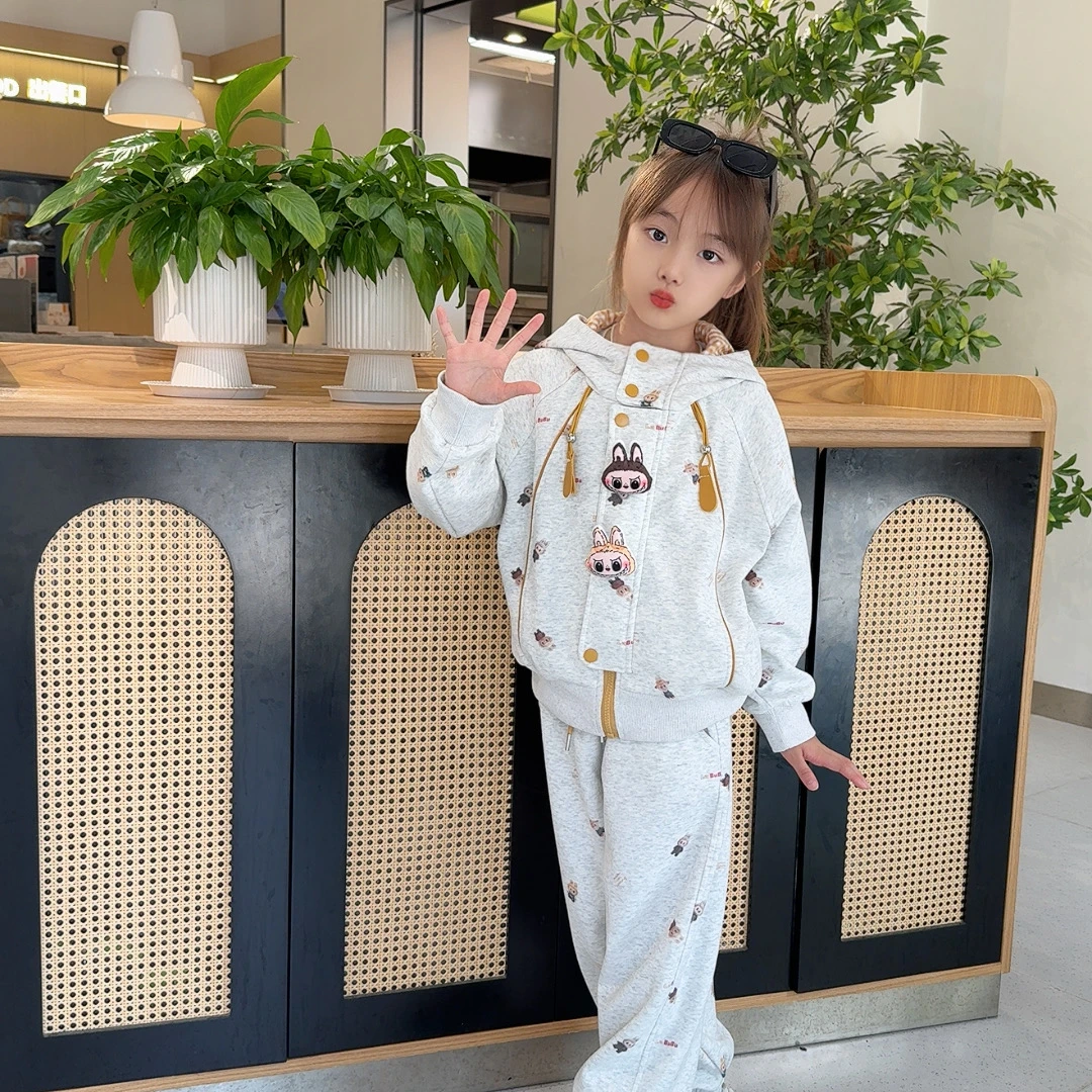 【爆款】拉布布甜美套装女童新款儿童洋气连帽卡通秋款女孩休闲两件