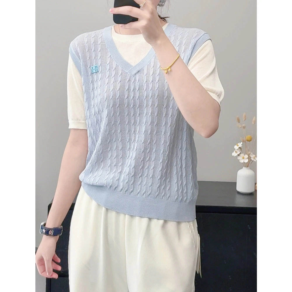 D011莱赛尔亚麻混纺 ~~   纯色麻花假两件套头款春夏新款