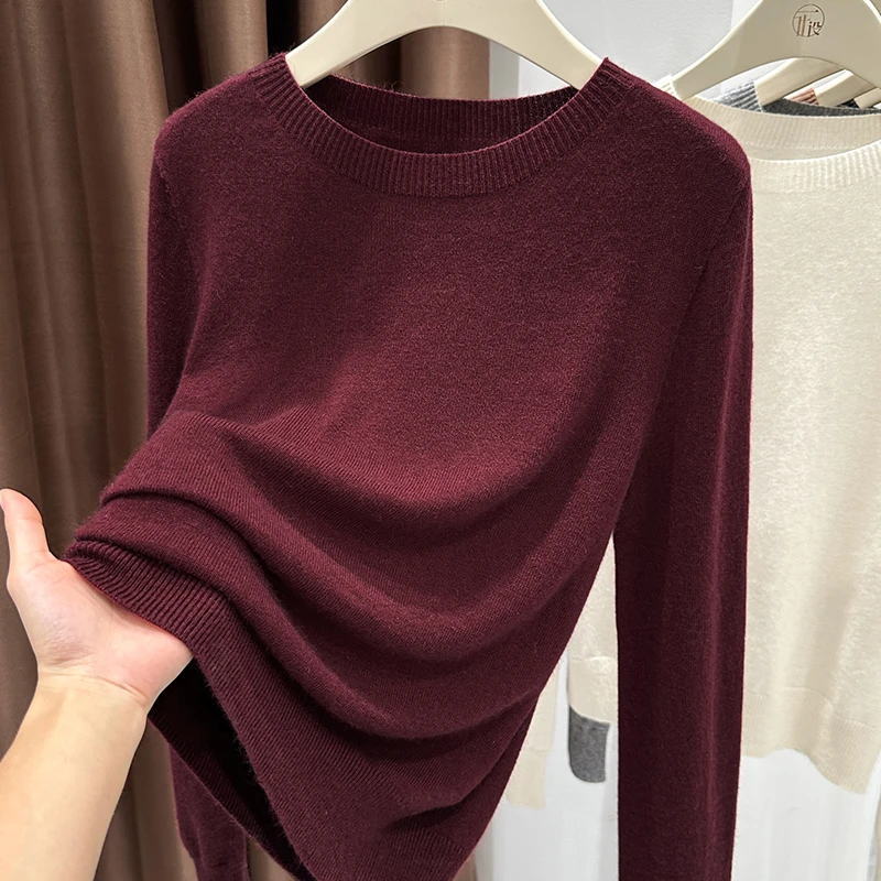 高级感红色圆领软糯针织套头衫女秋季新款长袖修身内搭打底衫上衣