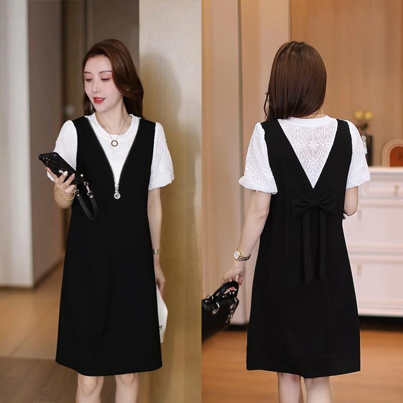 【有口袋】大码女装遮肚子假两件连衣裙泡泡袖中长裙韩版显瘦背带裙