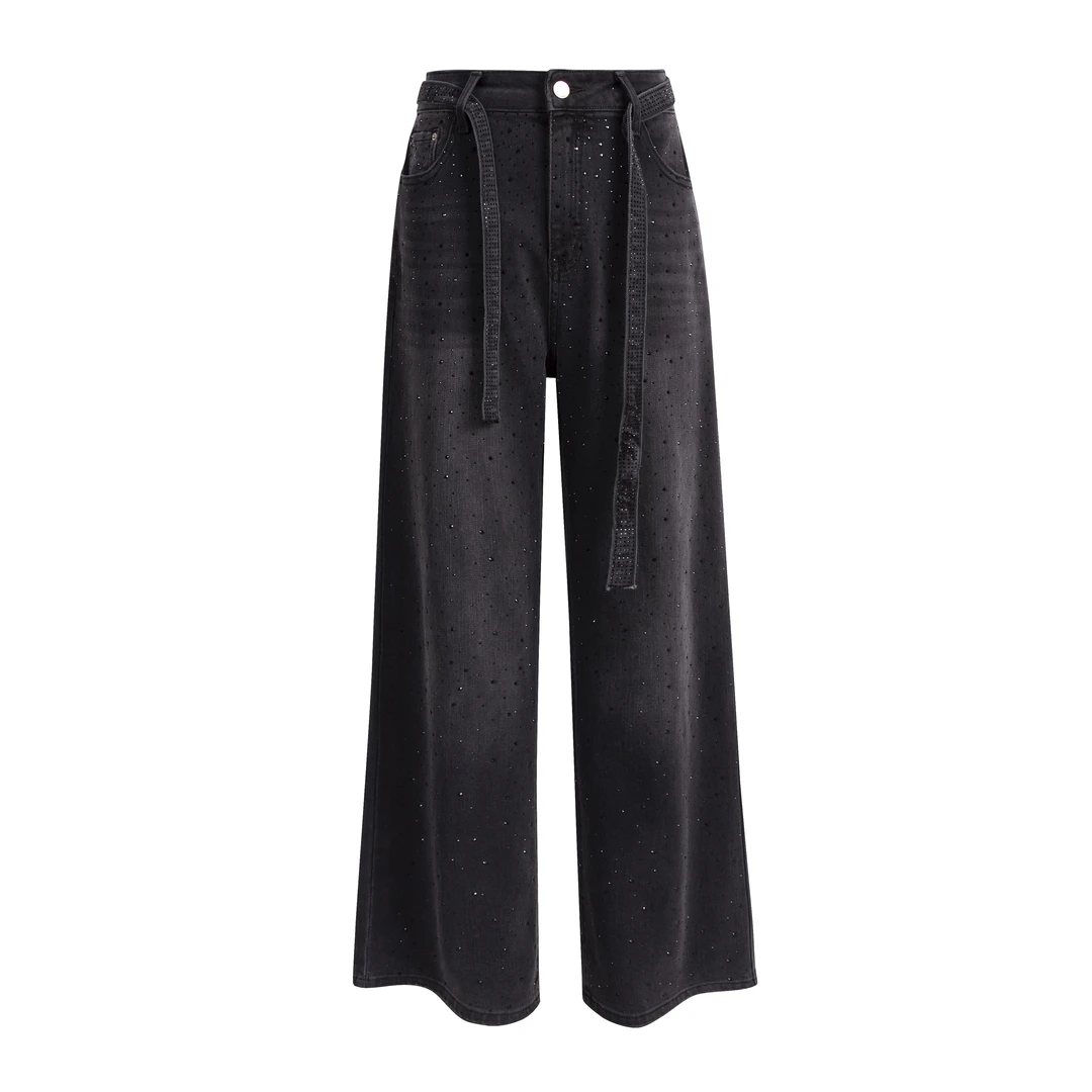 2025年新款烫钻高腰牛仔裤女黑色重工直筒百搭小众牛仔裤女90818