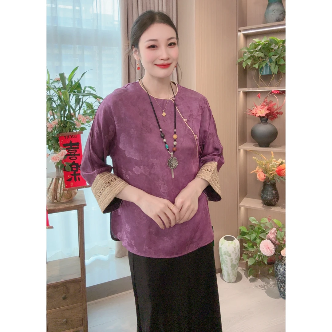 【紫菲】春季2025新款上衣小衫女装新中式国风圆领绣花七分袖衬衫