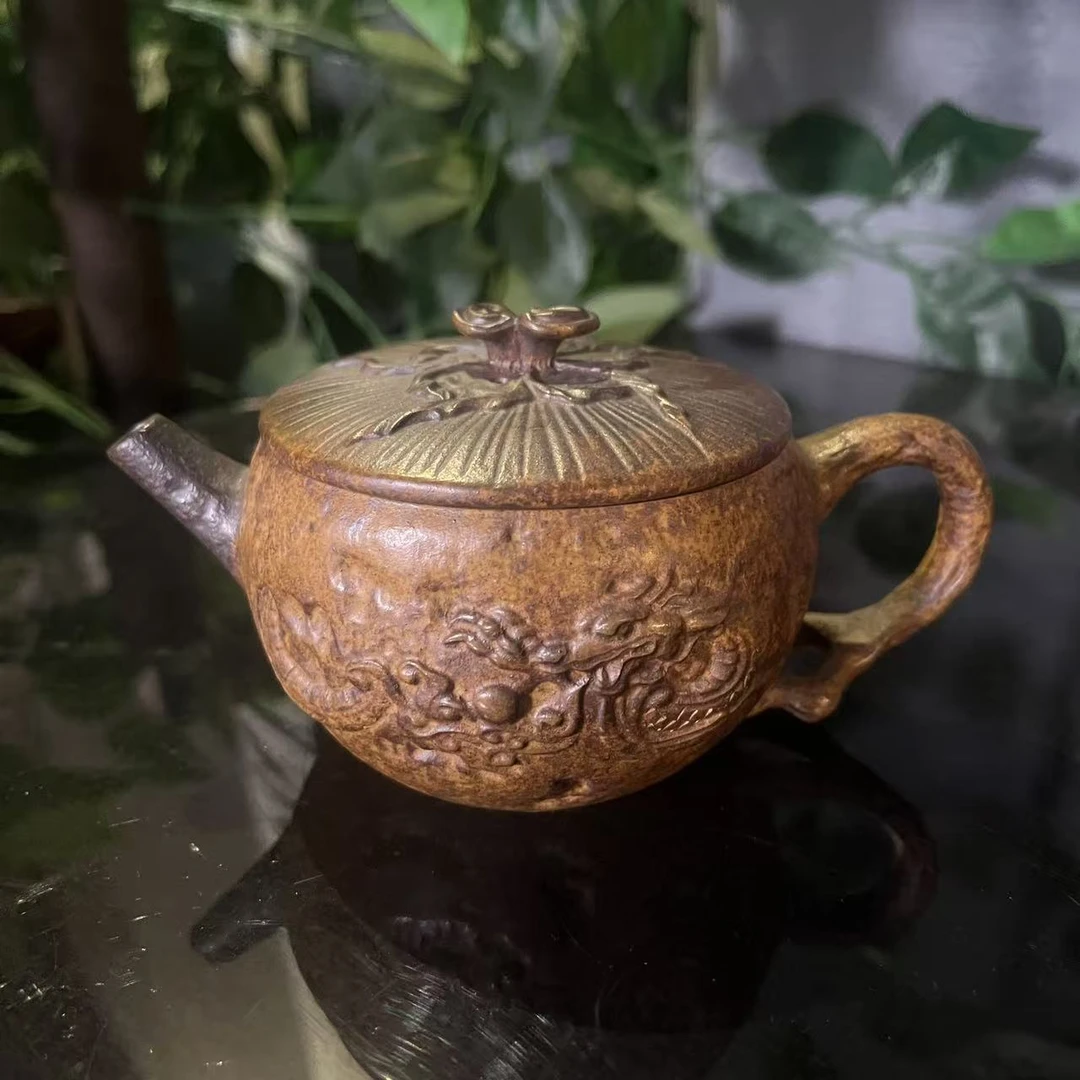 玄铁紫泥 灵芝影龙汉瓦  龍窑柴烧 宜兴原矿紫砂全手工紫砂壶