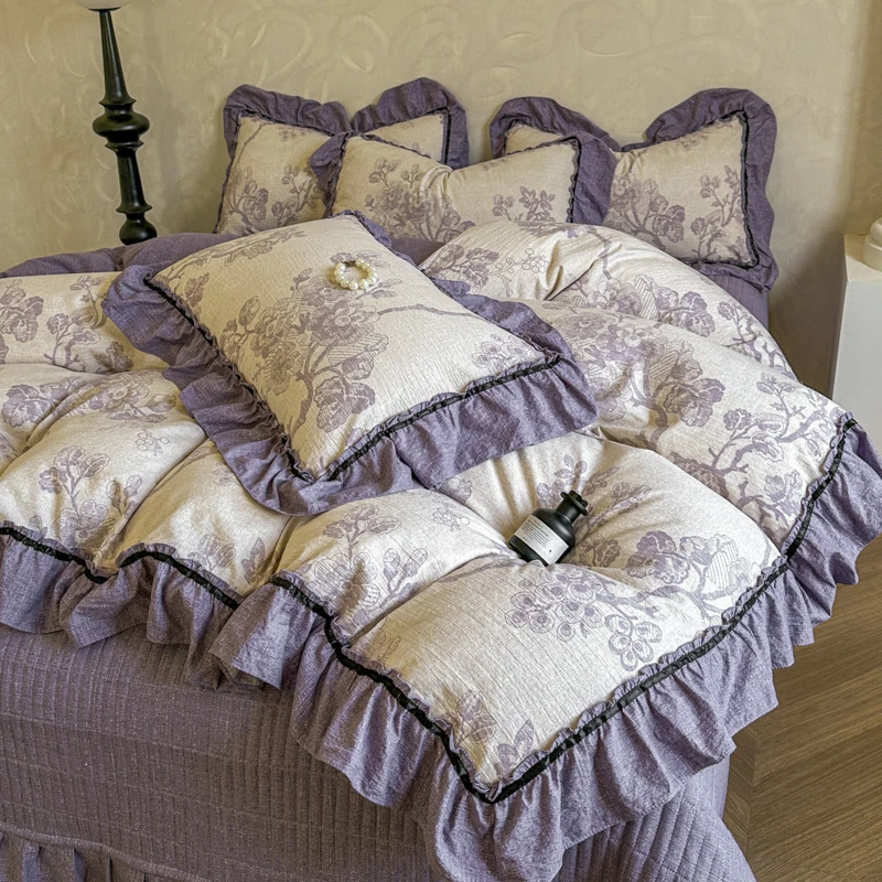 轻奢复古风棉麻加厚床盖四件套针织水洗棉双层纱四季通用床上用品