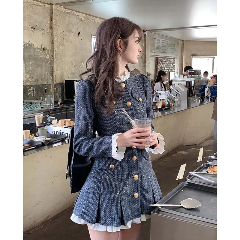 【有里布】收腰小香风长袖连衣裙女春季法式气质裙子LJ0010