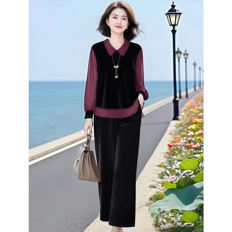 MSD 时尚气质假两件上衣松紧腰显瘦直筒裤套装秋季2025新款