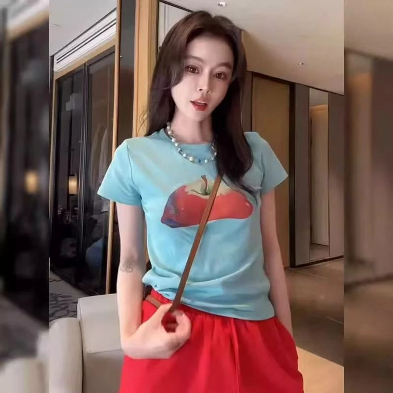 百搭超火减龄上衣美式印花正肩短袖t恤女修身显瘦夏季新款韩版