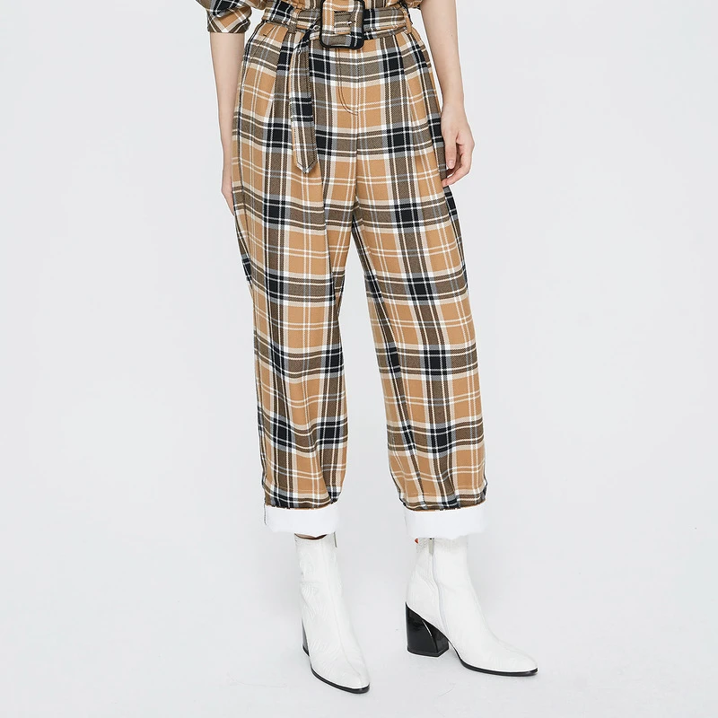 【刘校长精选】SU玛丝菲尔素经典黄格纹精仿羊毛腰带设计直筒裤