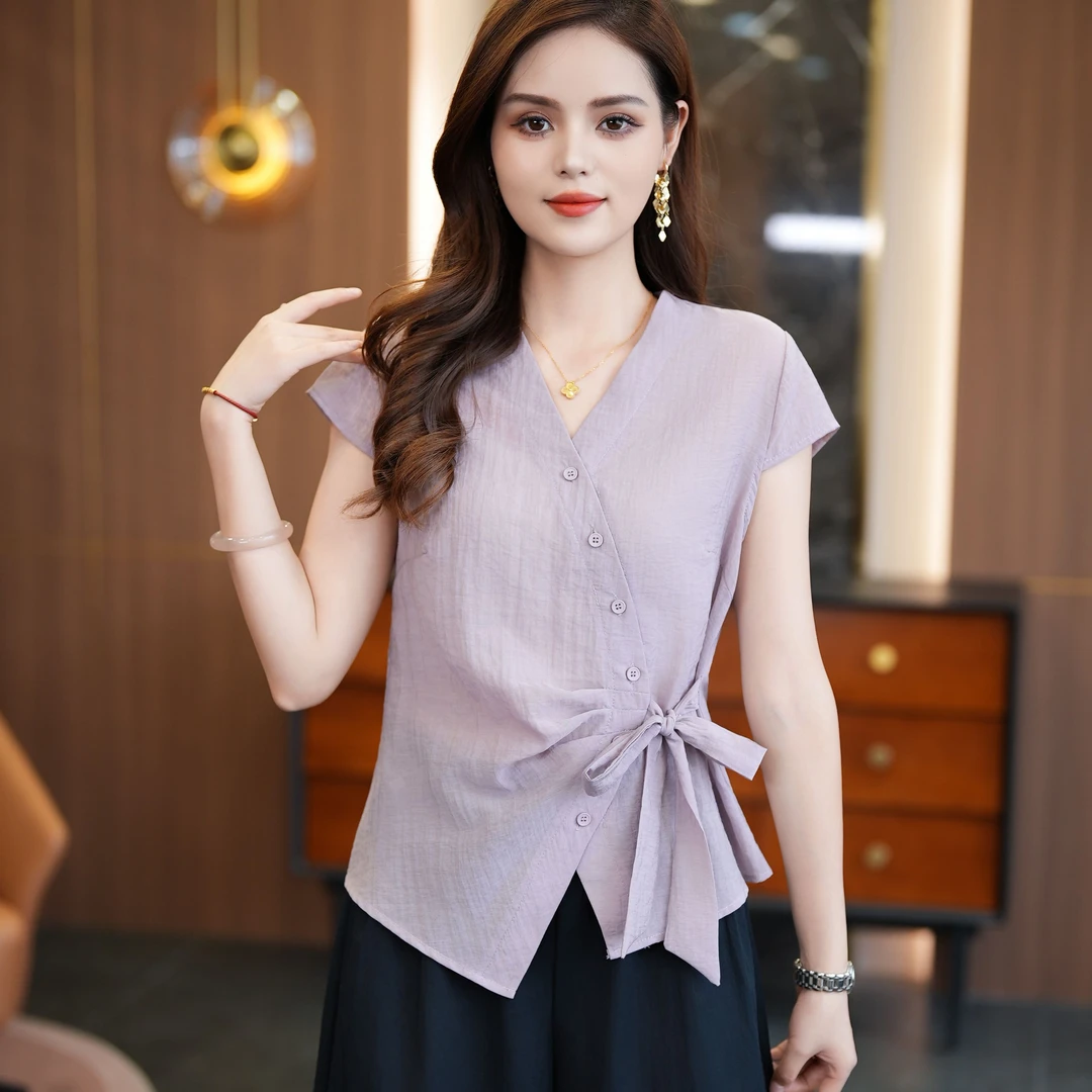2025夏季新款休闲显瘦开衫上衣小衫洋气短袖气质百搭V领衬衫
