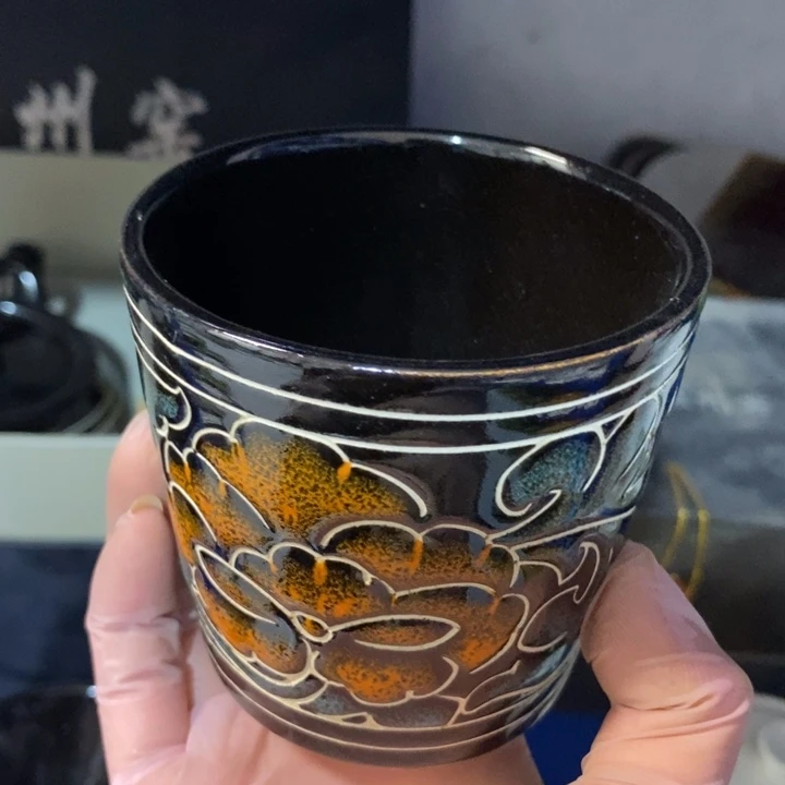 瓷片磁州窑黑刻填彩茶杯微瑕疵