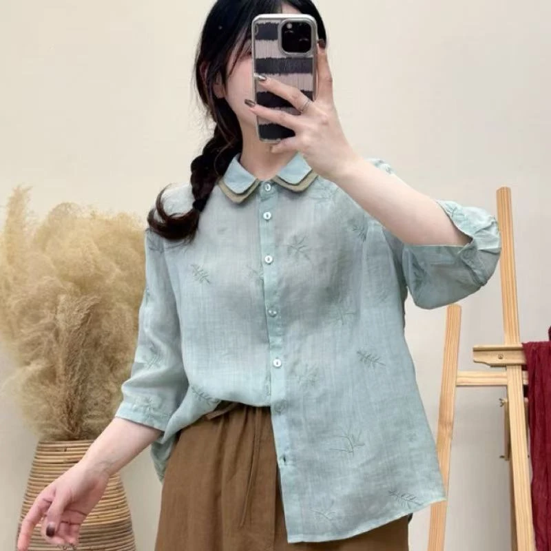 【100苎麻】夏季新款显瘦女士刺绣衬衫休闲衬衣气质休闲百搭-25013