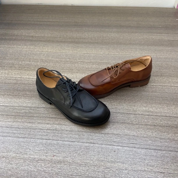 2024春季新款真皮复古厚底小皮鞋系带英伦风圆头乐福鞋单鞋 23871