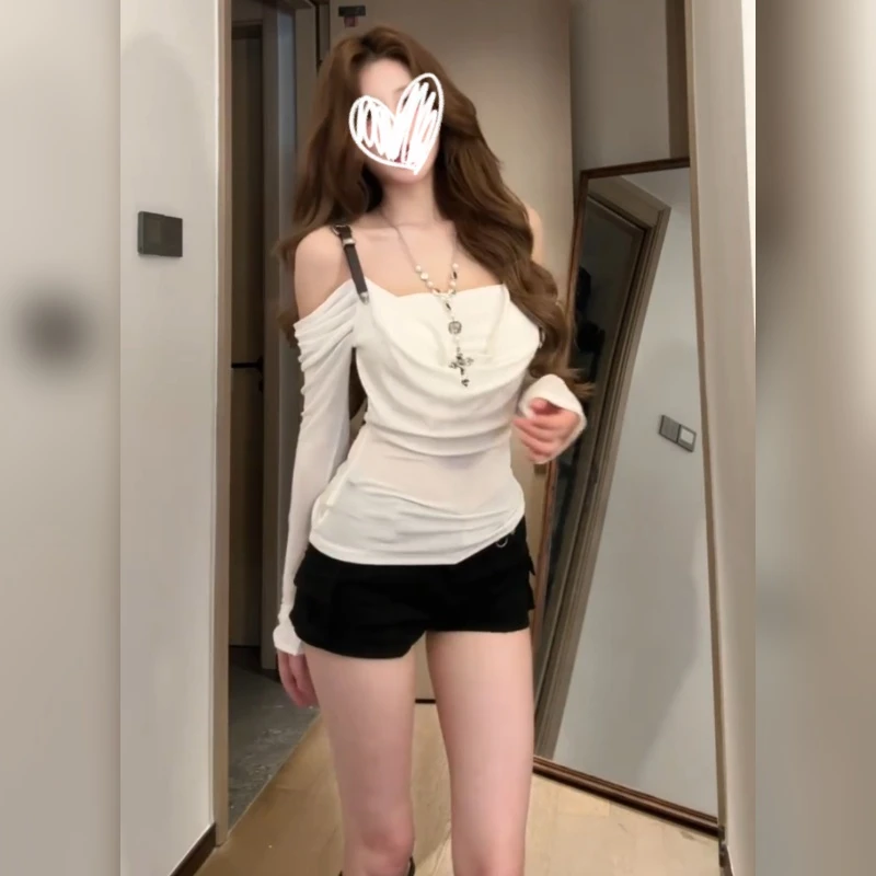 洋气炸街吊带荡领露肩长袖T恤女早秋显瘦上衣夏季薄款防晒空调衫