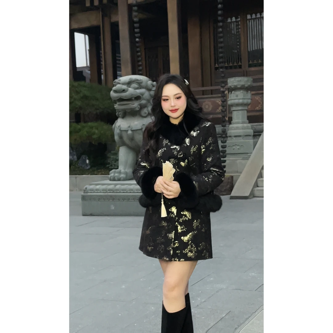 Uni2024胖mm冬季新款微胖大码中式美学毛呢羽绒两件套#U24D1105