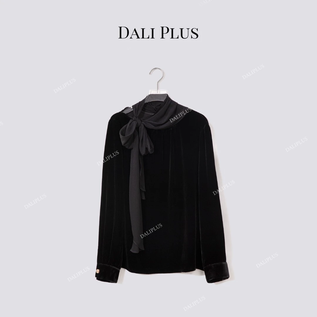 DALI PLUS“重磅真丝丝绒衬衫”100桑蚕丝飘带镂空上衣-D5ST1324