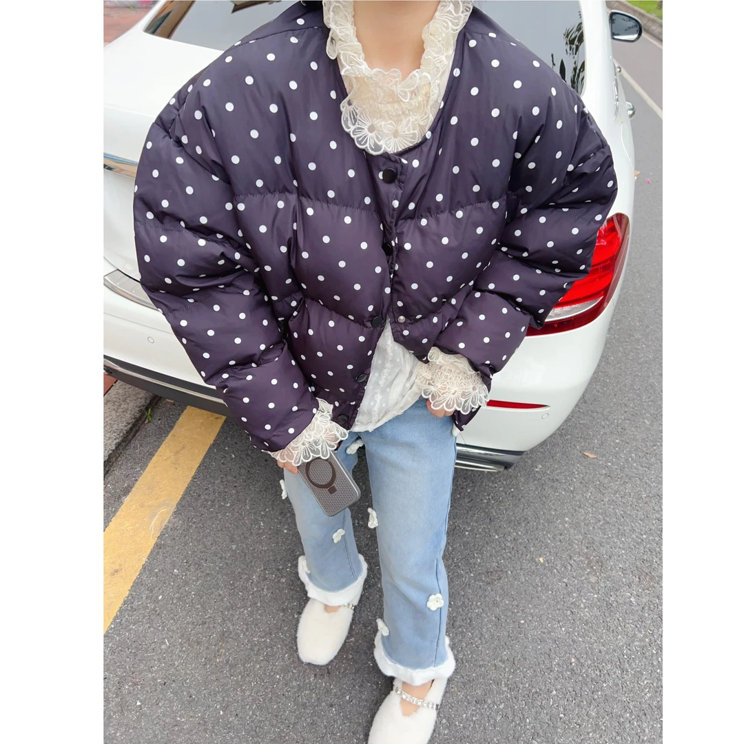 冬季新款韩系波点面包服女宽松加厚保暖棉服外套