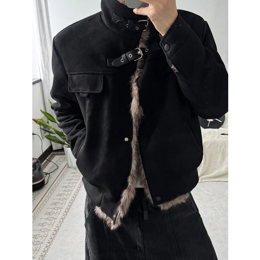 艺尙  座山雕麂皮毛领外套男女冬季加绒加厚夹棉美式复古棉服翻领