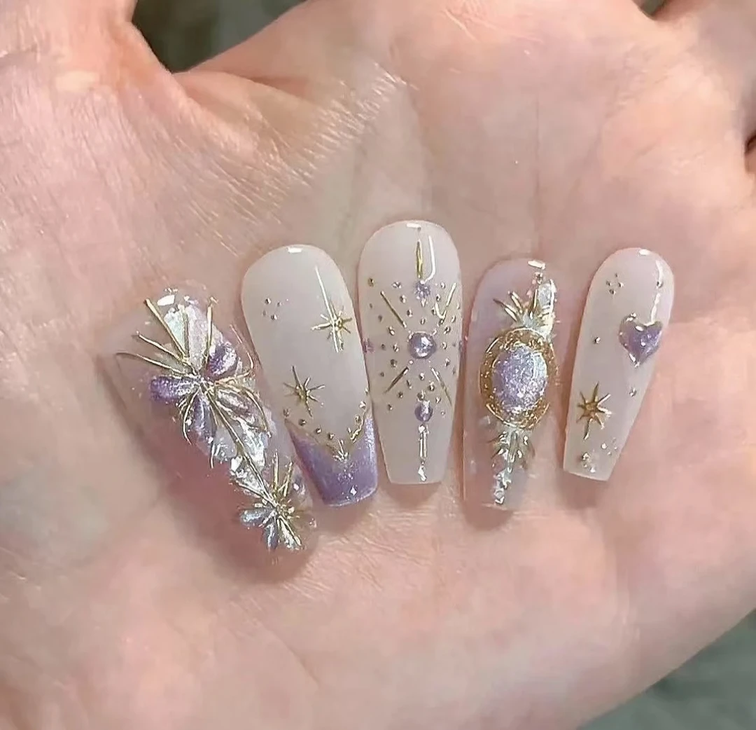 夏一一穿戴甲XS,S,M分尺码高级显白穿戴美甲【九紫蝴蝶】10片装