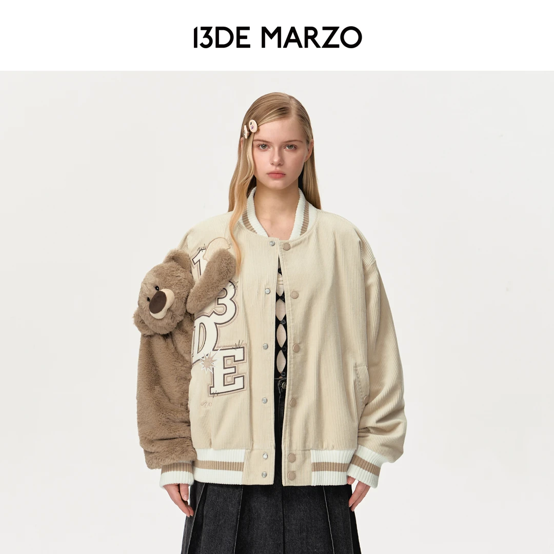 13DE MARZO男女同款 24秋冬新款立体熊袖灯芯绒棒球服夹棉外套