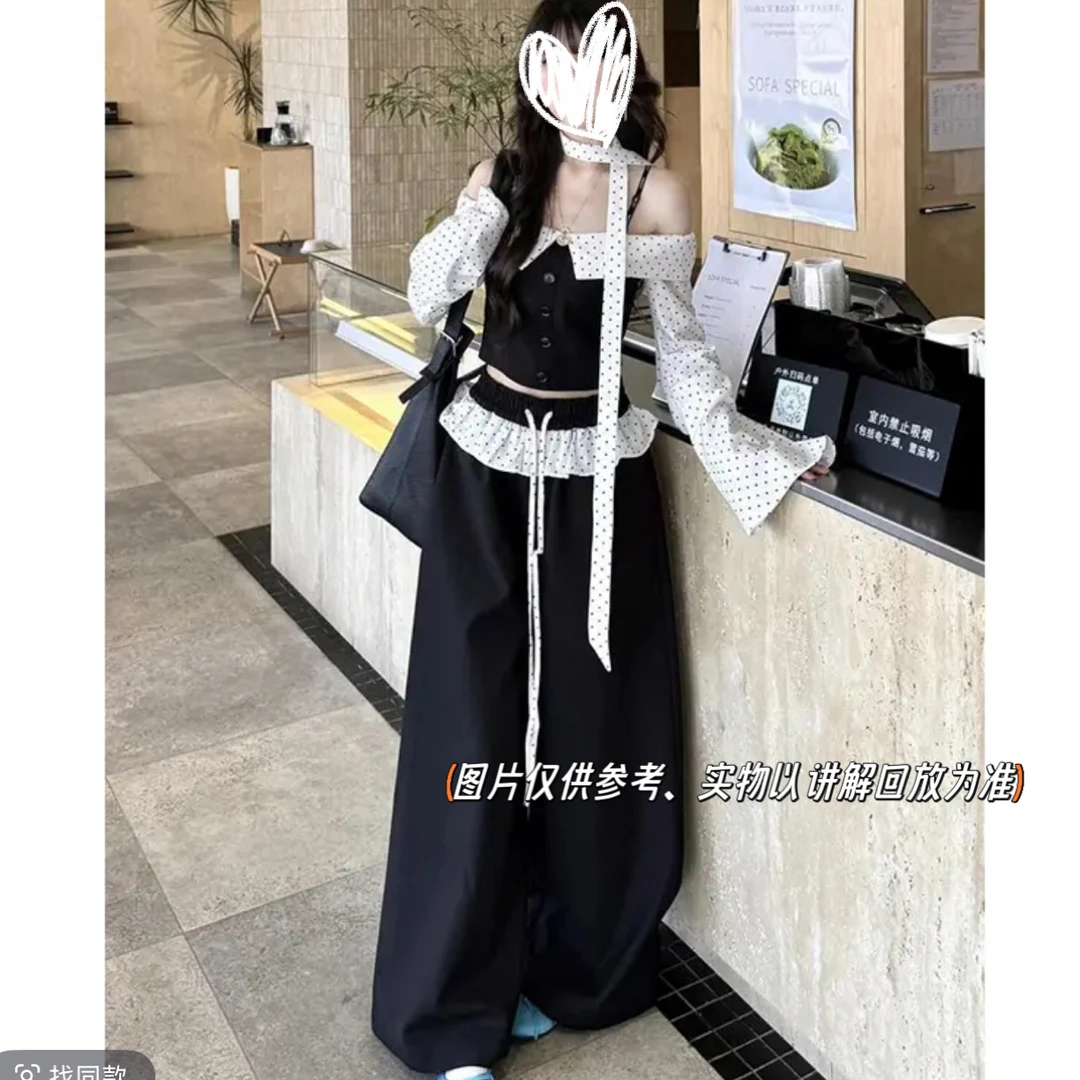 大码胖mm法式甜辣妹一整套女秋季一字肩长袖抹胸上衣阔腿裤两件套