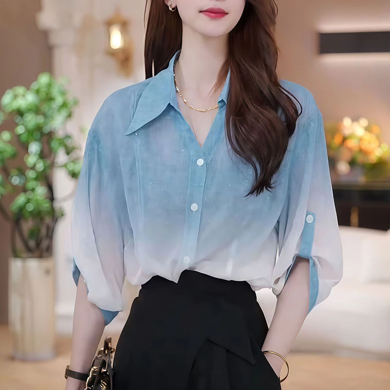 蓝色渐变细闪短袖衬衫女高级感轻奢减龄洋气小衫薄款宽松防晒上衣