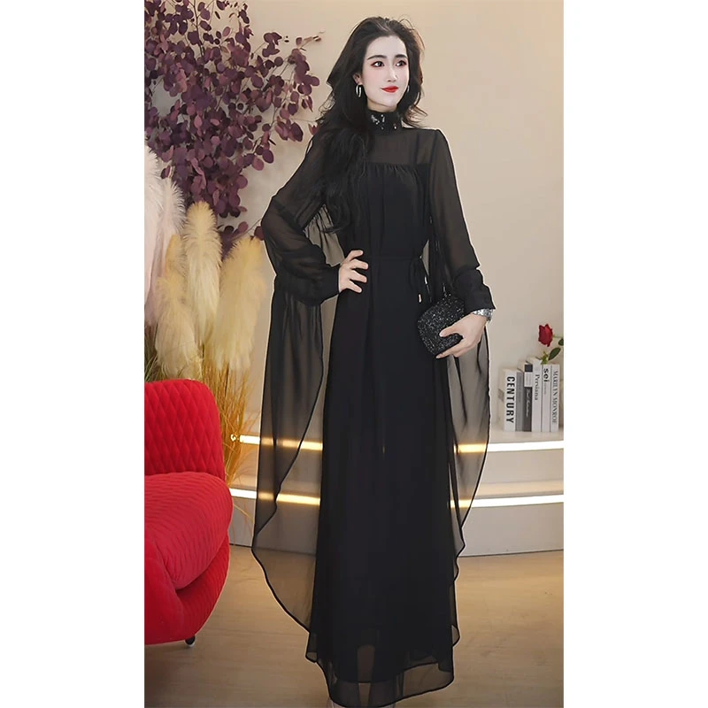 轻奢复古法式连袖高级时尚显瘦女装连衣裙新款气质长款885290