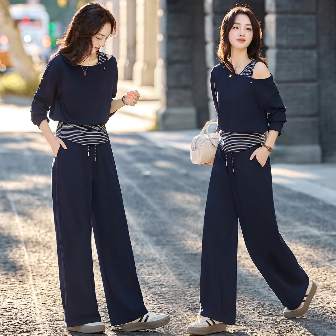 2025秋套装条纹路肩两件套禅意仙气飘飘30-40岁高档裙子小众炸街