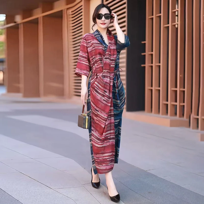 627夏季度假风不规则连衣裙混纺蚕丝个性撞色文艺气质凉爽长袍子