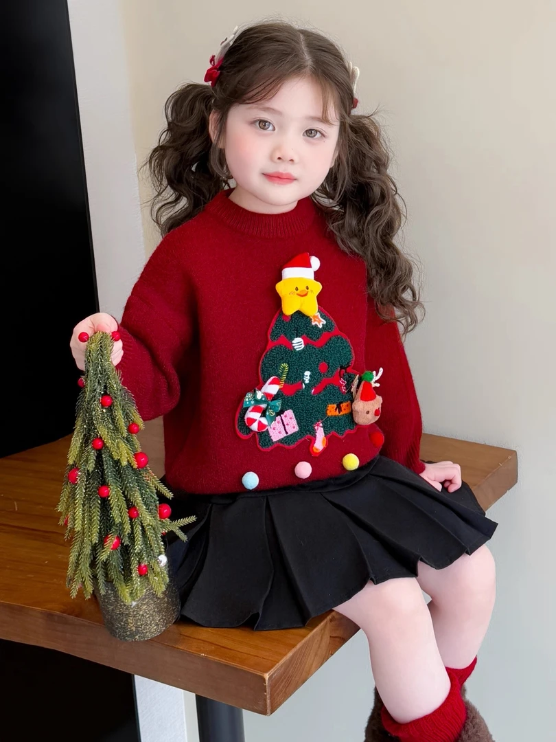 儿童圣诞毛衣秋冬季新款加厚红色女孩套头女宝宝洋气针织冬装