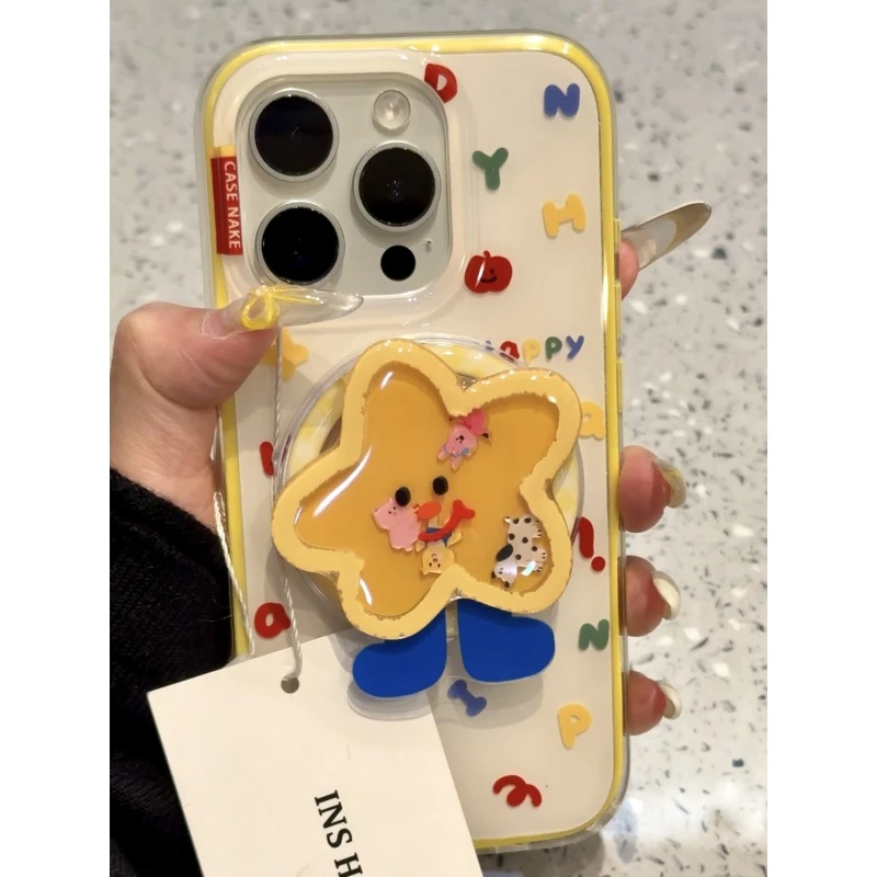 黄色边框白底满屏彩色英文适用iphone16promax苹果15磁吸手机壳14