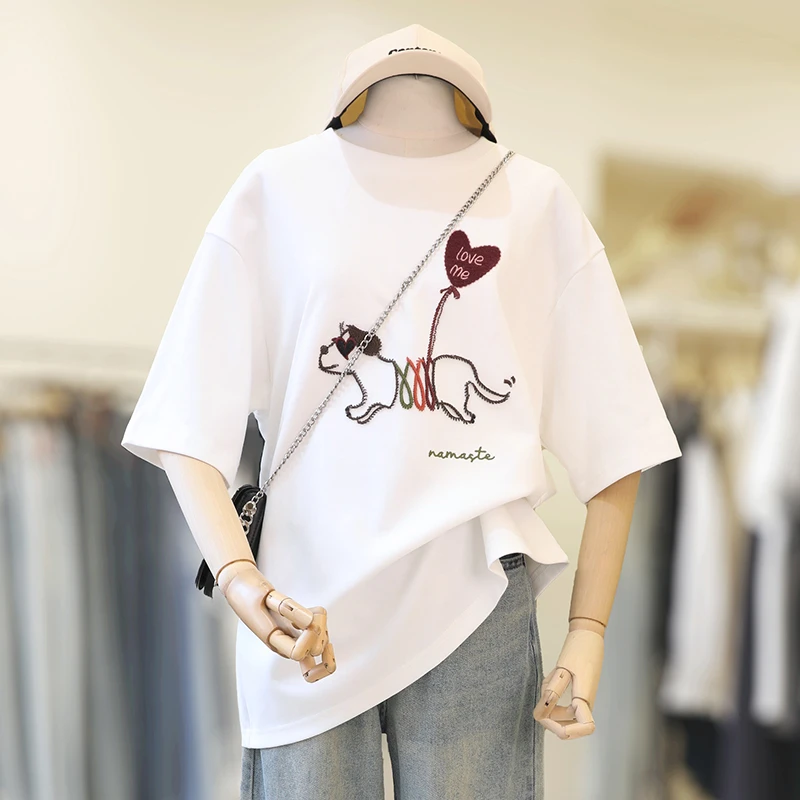 zaw大码女装刺绣短袖T恤宽松百搭胖mm遮肉显瘦加大打底上衣/25025