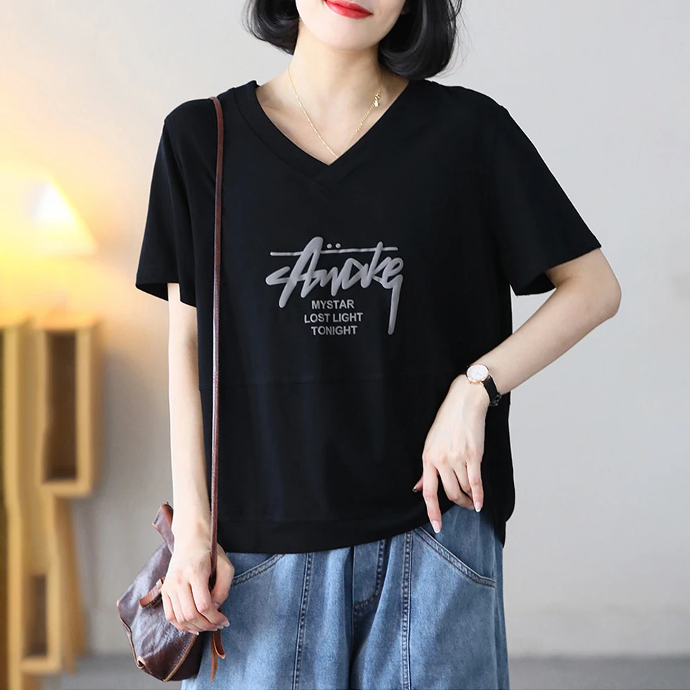 大码纯色短袖t恤女夏新款韩版简约宽松百搭字母印花潮流女装上衣