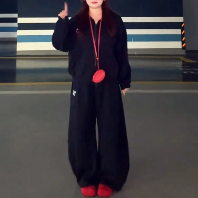 大码休闲运动套装女士2025春秋季新款慵懒风连帽外套阔腿裤两件套