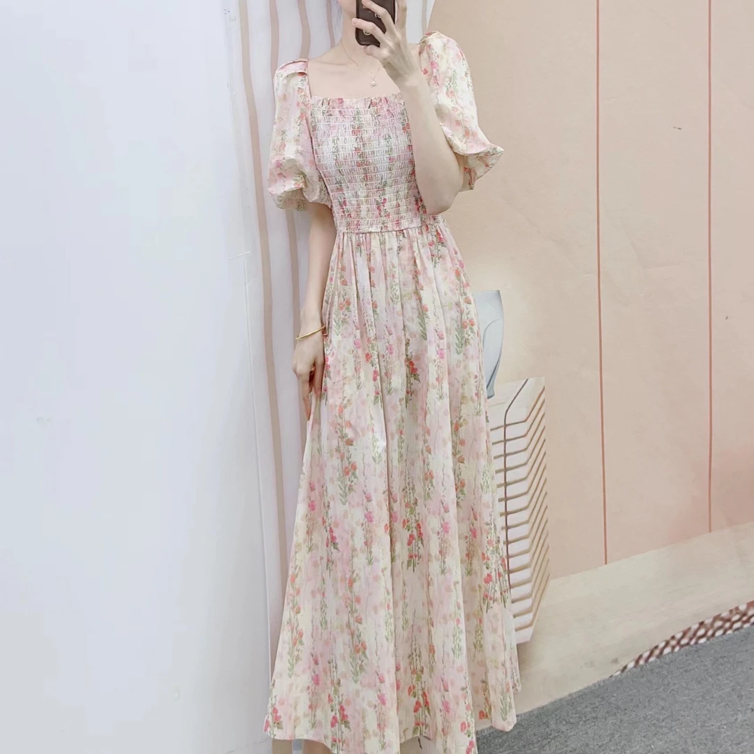 A32清D1夏季品牌专柜新品汉派时尚收腰碎花泡泡袖碎花连衣裙