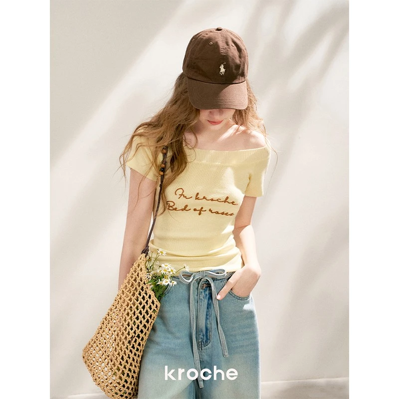 【毛毛专享】Kroche 25ss 重工刺绣一字领修身短袖针织衫T恤