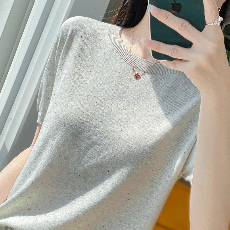 点子纱精纺羊毛圆领短袖女春夏宽松显瘦气质百搭套头背心T恤上衣