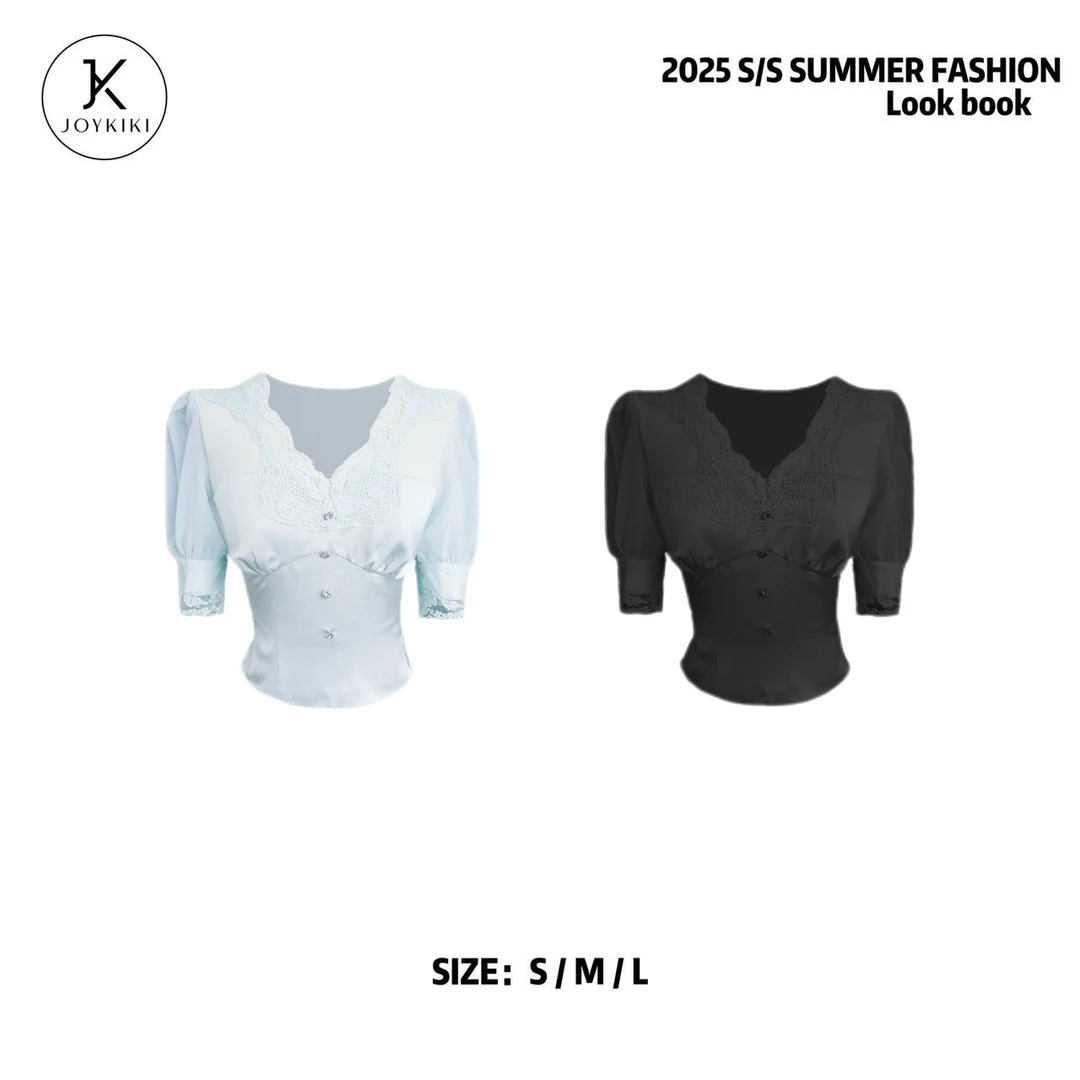 JOYKIKI金金【矜贵佳人】气质优雅拼接蕾丝设计短袖上衣J25C025