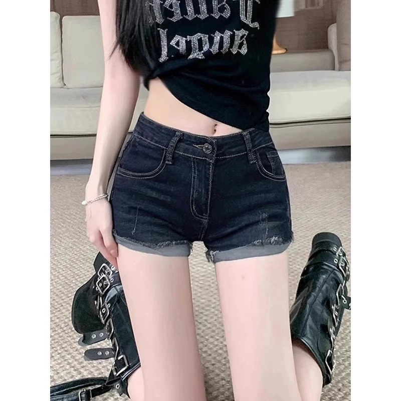 时尚微胖mm复古怀旧超短低腰牛仔短裤女夏季卷边弹力紧身显瘦热裤