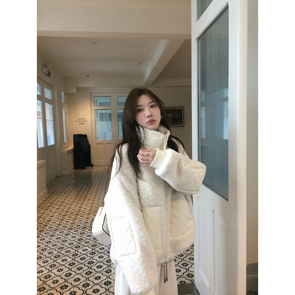 张贝贝 ALO*小奶糕 羊 羔毛 菱格绗棉补丁设计感外套