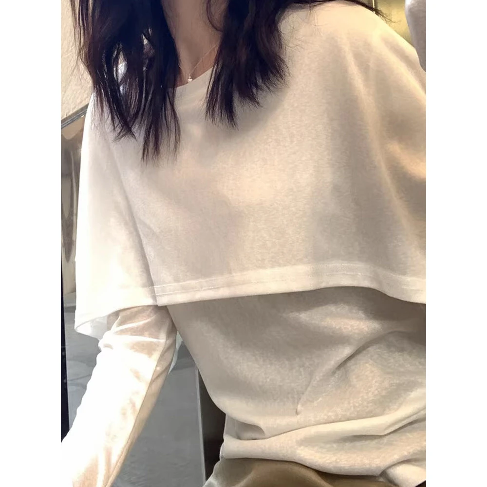 可遇不可求！韩系简约设计假两件披肩长袖T恤休闲显瘦百搭时尚上衣
