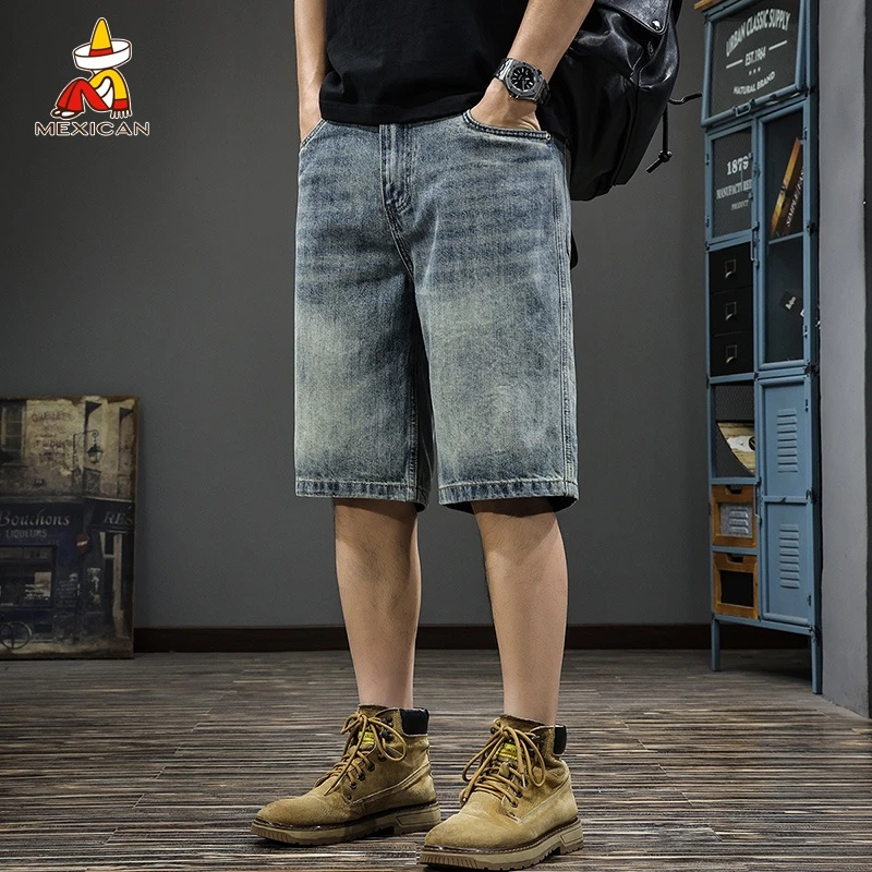 Mexican/稻草人美式复古牛仔短裤男款夏季透气宽松潮牌直筒中裤子