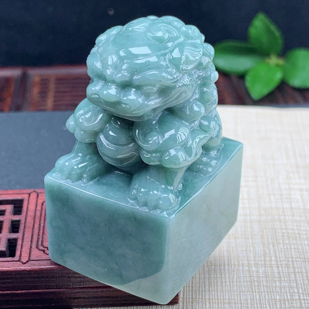 优惠纯天然翡翠A货深色前程似锦狮子印章可定制刻字私章
