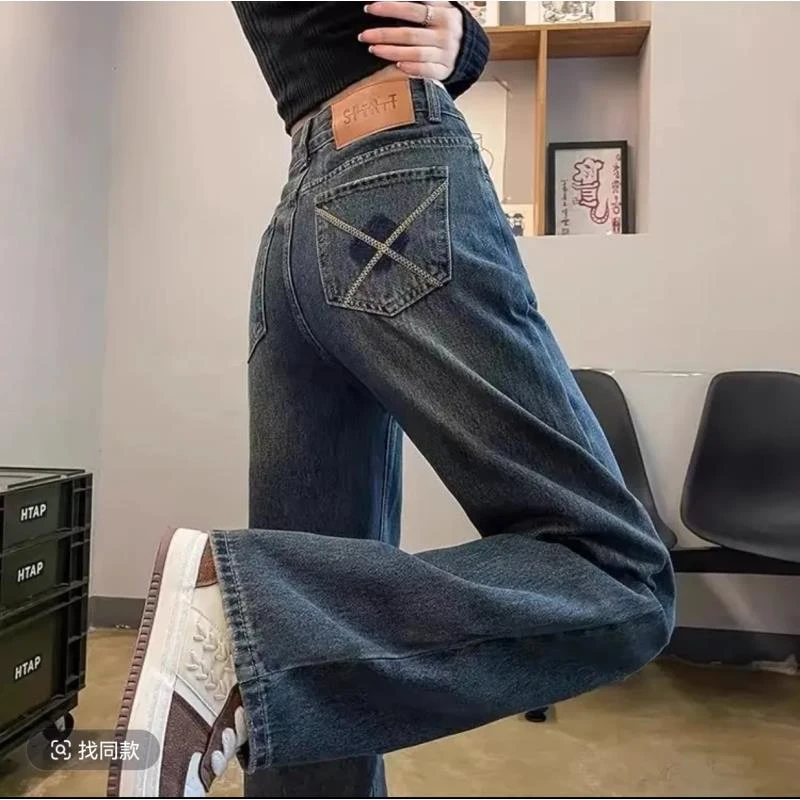 水泥灰新款潮流牛仔裤女春季宽松显高显瘦宽松百搭简约牛仔长裤