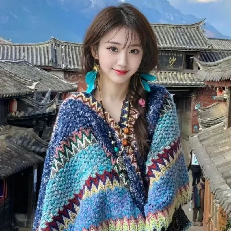 云南民族风旅游度假风流苏彩色针织外套女春秋时尚百搭披肩女款