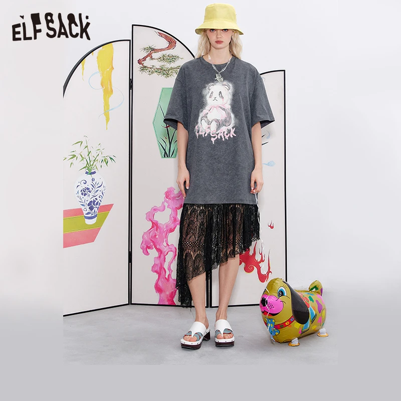 【芋总】妖精的口袋蕾丝拼接印花t恤连衣裙女2025年春季新款宽松