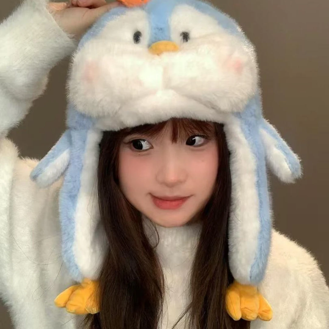 蓝灰企鹅鱼保暖套头帽子护耳朵会动防风女孩可爱毛绒冬季加厚卡通