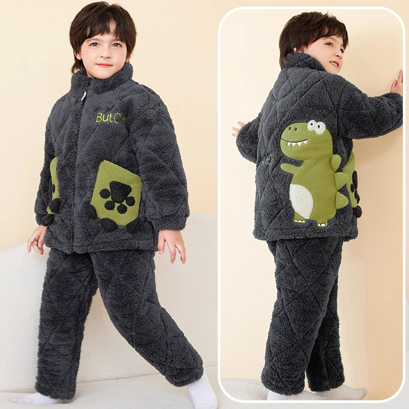 【新款三层夹棉】儿童款睡衣冬季加厚款男童珊瑚绒男孩冬儿童保暖衣