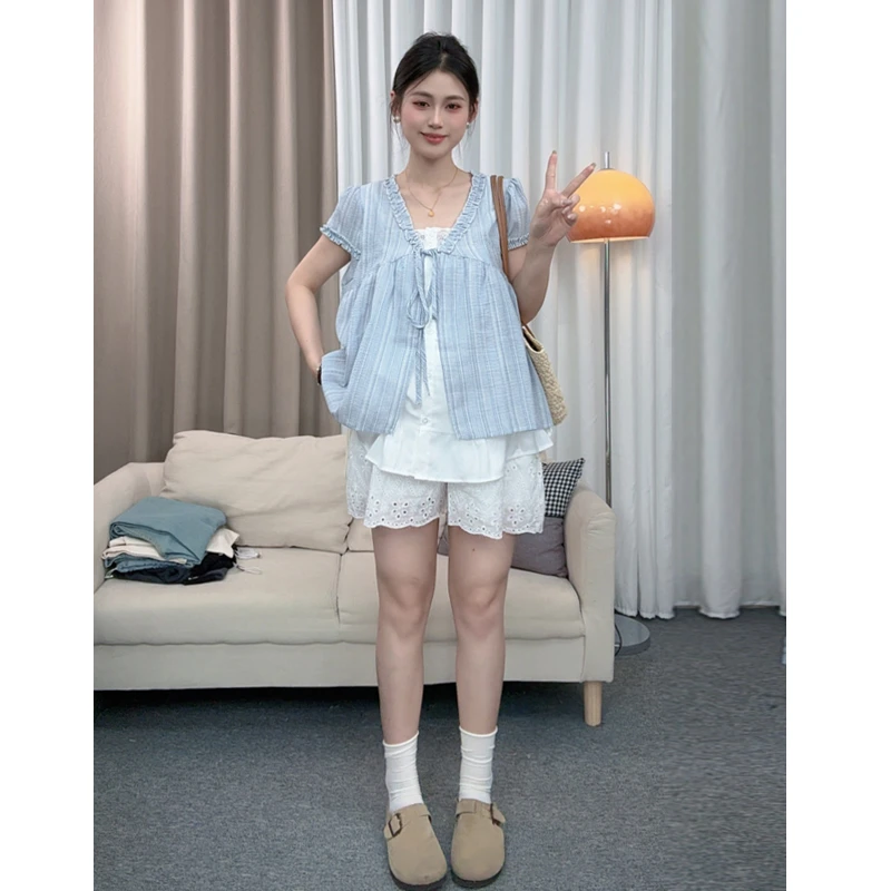 【伊伊】孕妇裤2025夏季新款女猪鼻扣可调节宽松休闲蕾丝短裤五分裤