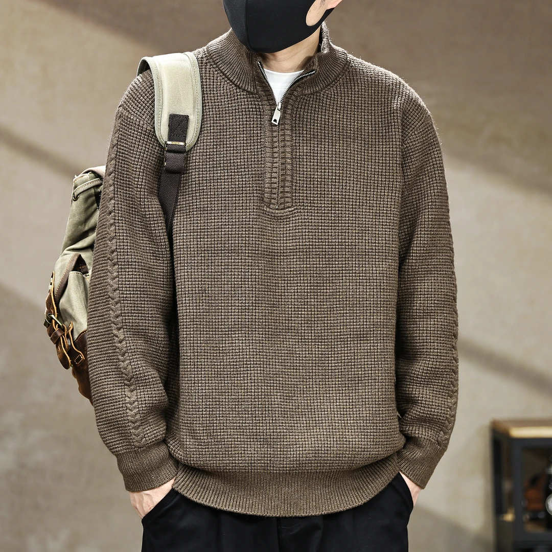 美式立领半拉链重磅800g毛衣男秋冬加厚外套内搭潮牌半高领针织衫